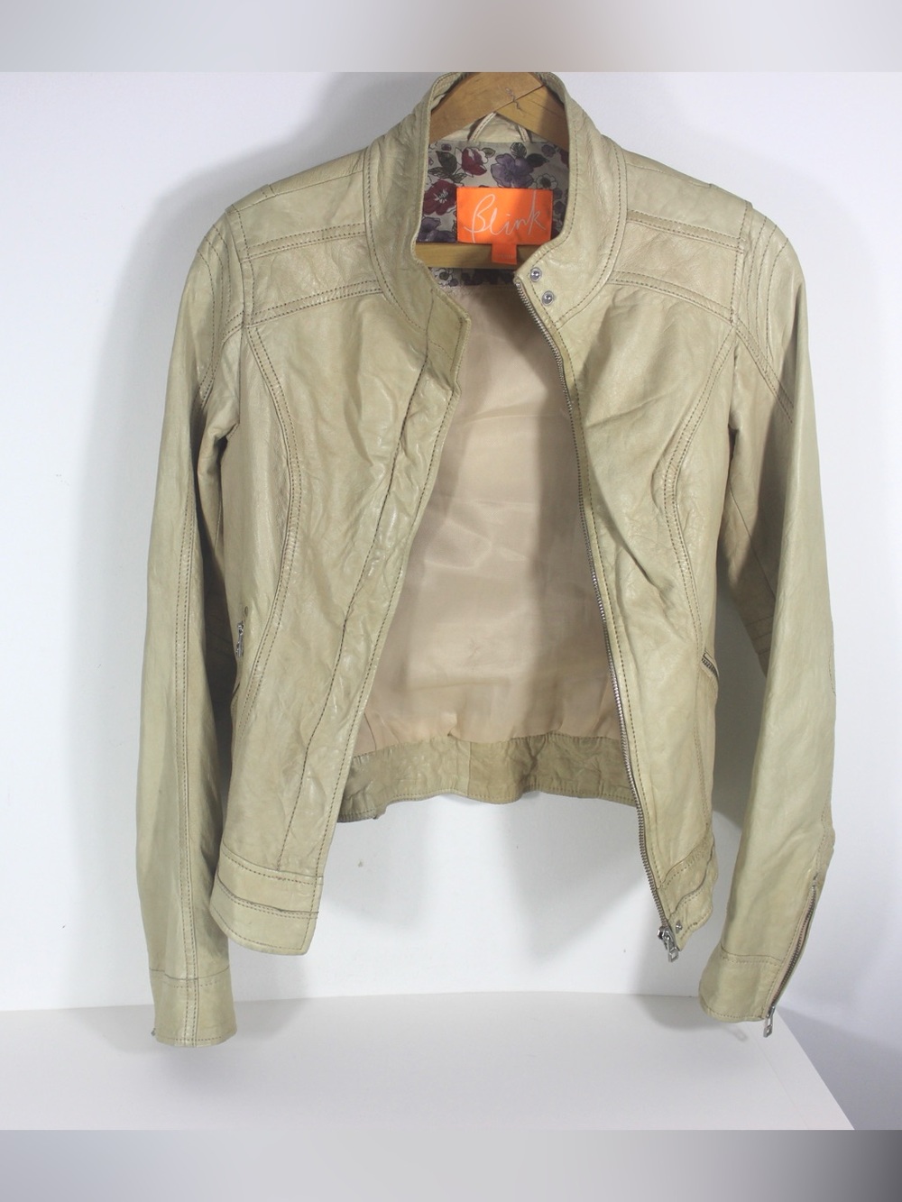 90’s Vintage Cream Leather Jacket, Light Winter Coat, Size Extra Small 3XS, Moto